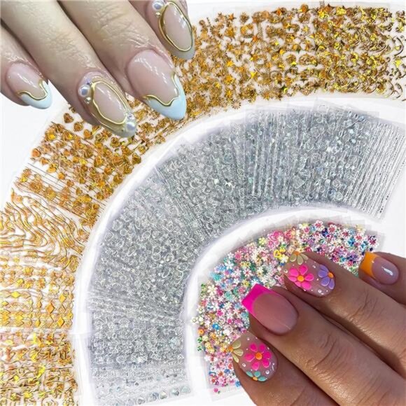 90 Sheets Nail Stickers for Nail Art, Flower Nail Art Stickers Gold Silver Line - Picture 1 of 7
